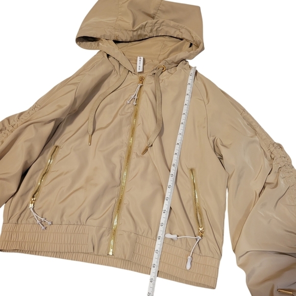 Adam Selman Sport Gathered Sleeve Track Jacket Windbreaker Chino Tan Zip Up Hood - Picture 6 of 11
